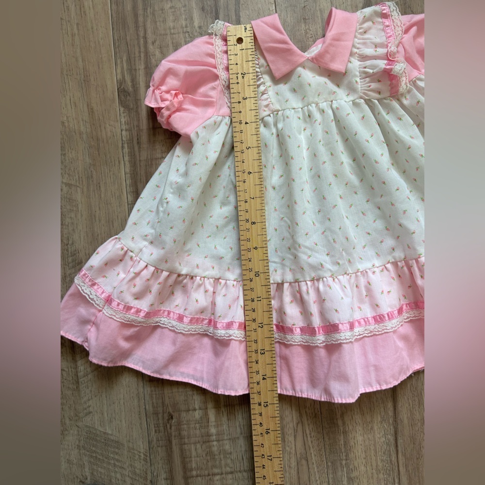 Vintage Adorable Pink and White floral flower ruffle lace ribbon Baby girl Dress - Picture 4 of 4